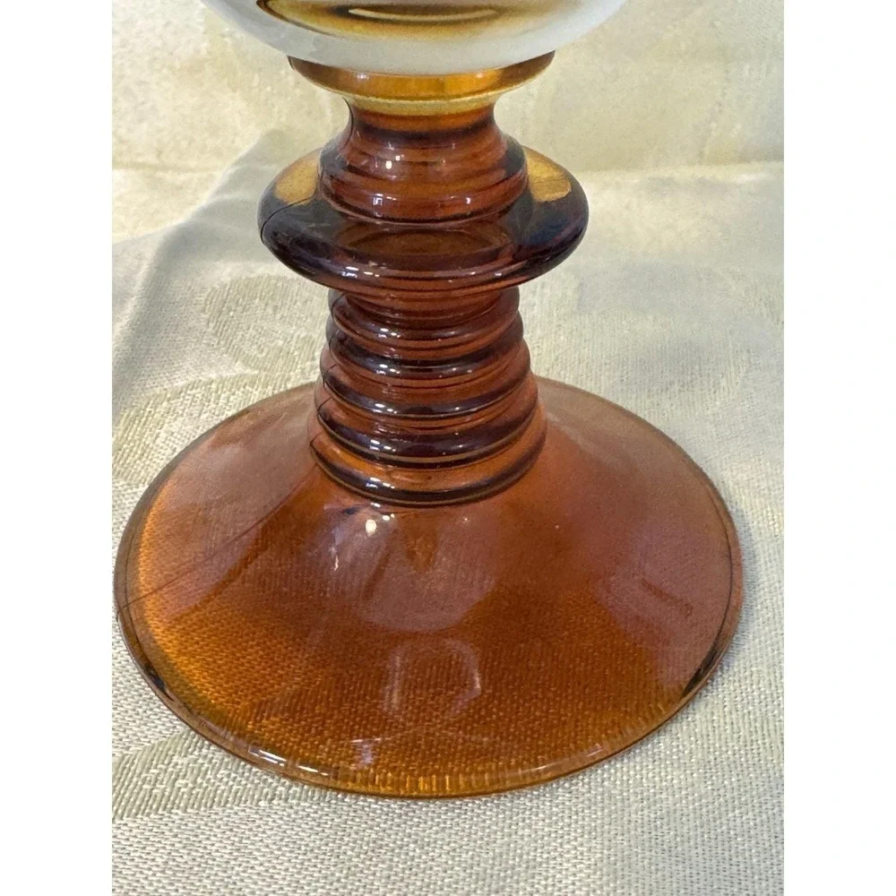 German Roemer Wine Glasses Etched Grape Leaves Amber Beehive Stem Set of 2